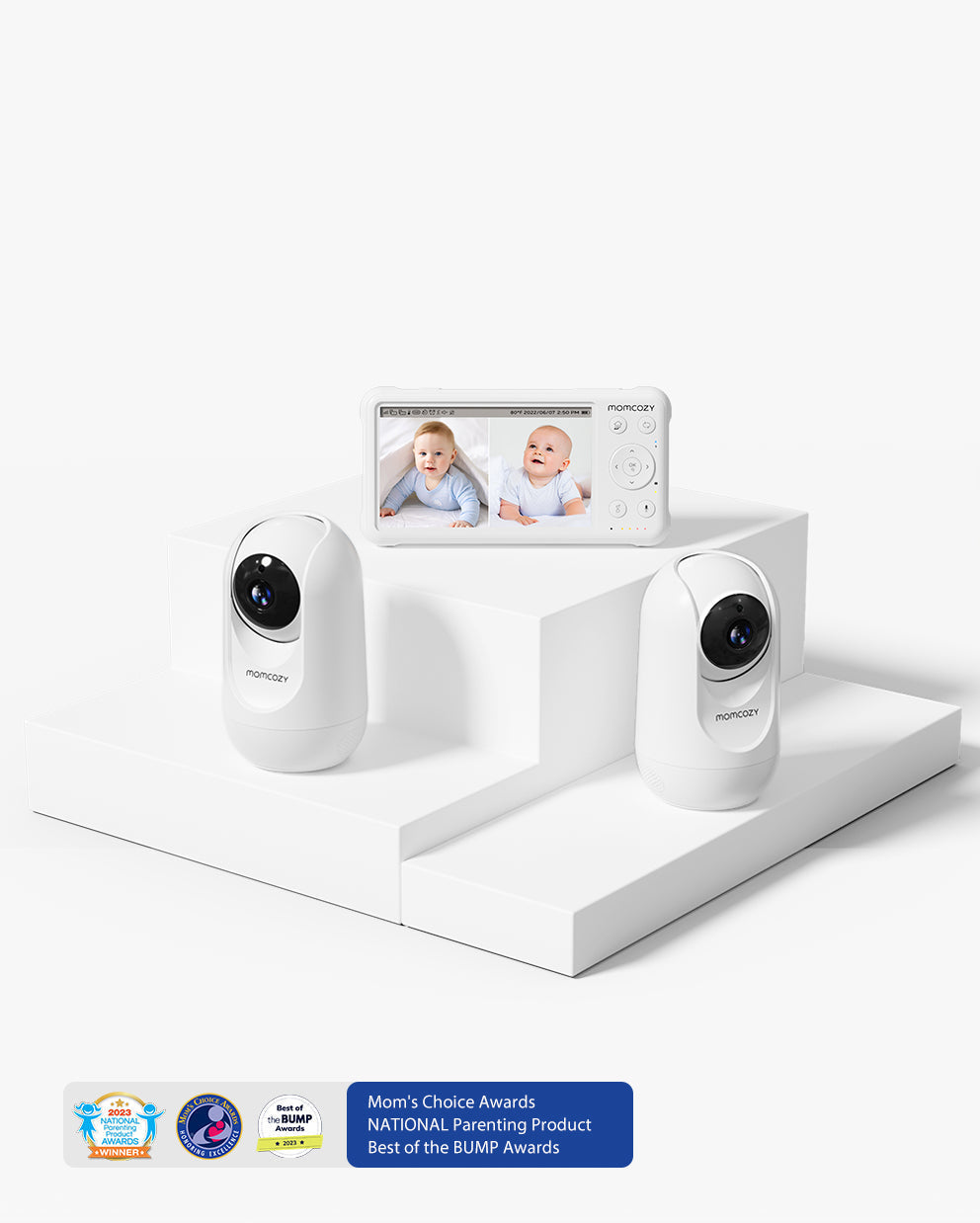 Momcozy BM01 baby monitor with display of baby, white cameras, and award badges for peace of mind.