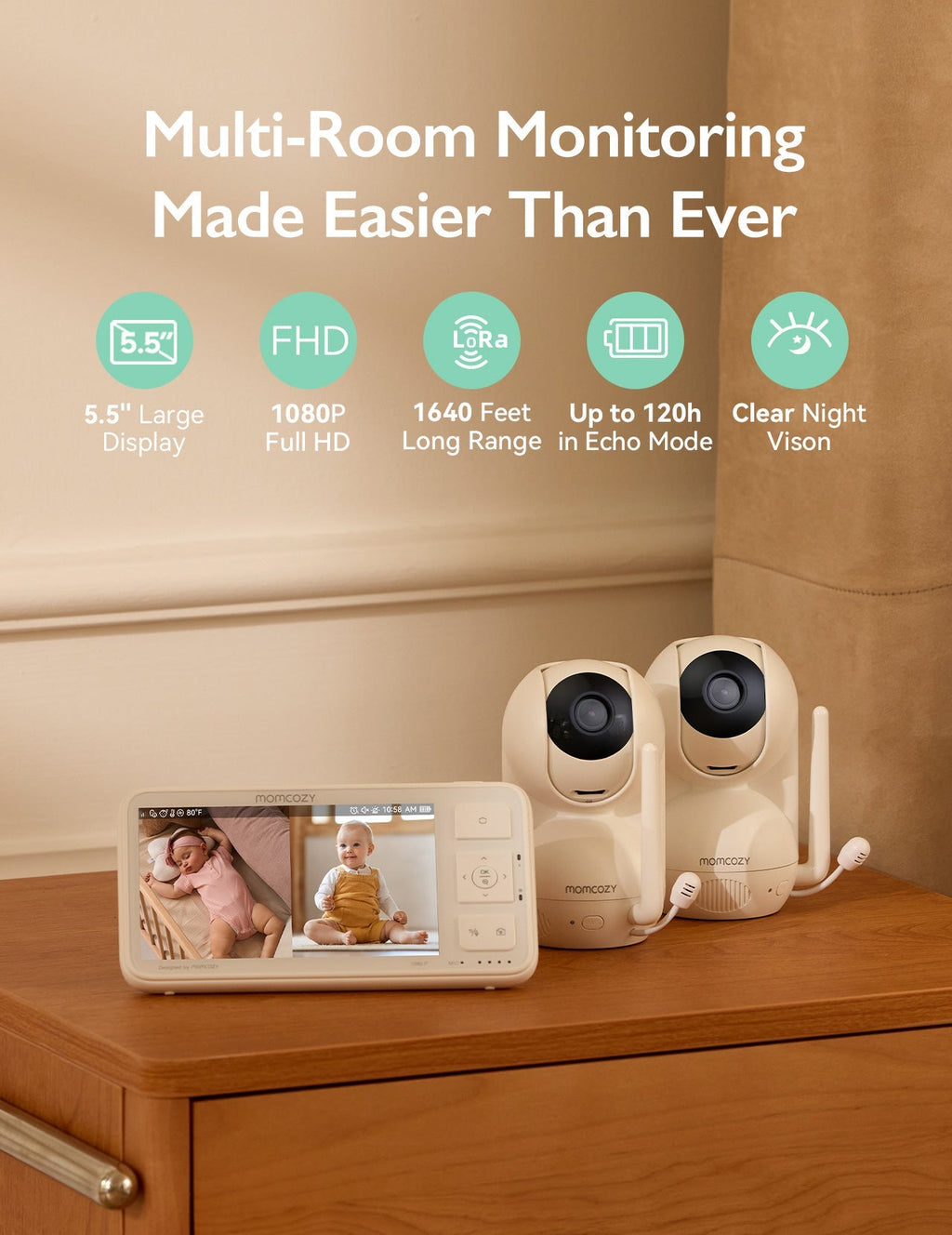 Momcozy BM03 baby monitor with 5.5-inch FHD display showing two babies, two cameras on wooden table
