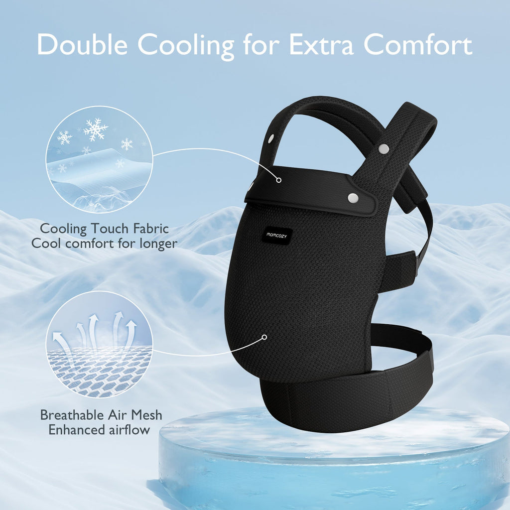 Momcozy PureHug black baby carrier, with breathable air mesh and cooling touch fabric design for extra comfort babywearing.