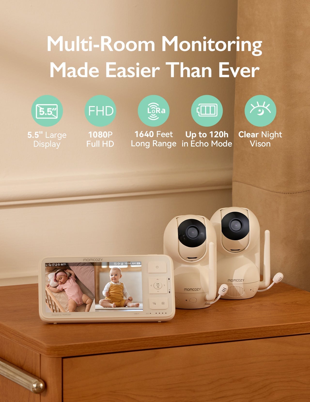 Momcozy BM03 baby monitor with 5.5-inch Full HD display and two cameras, showing sleeping baby and alert baby.