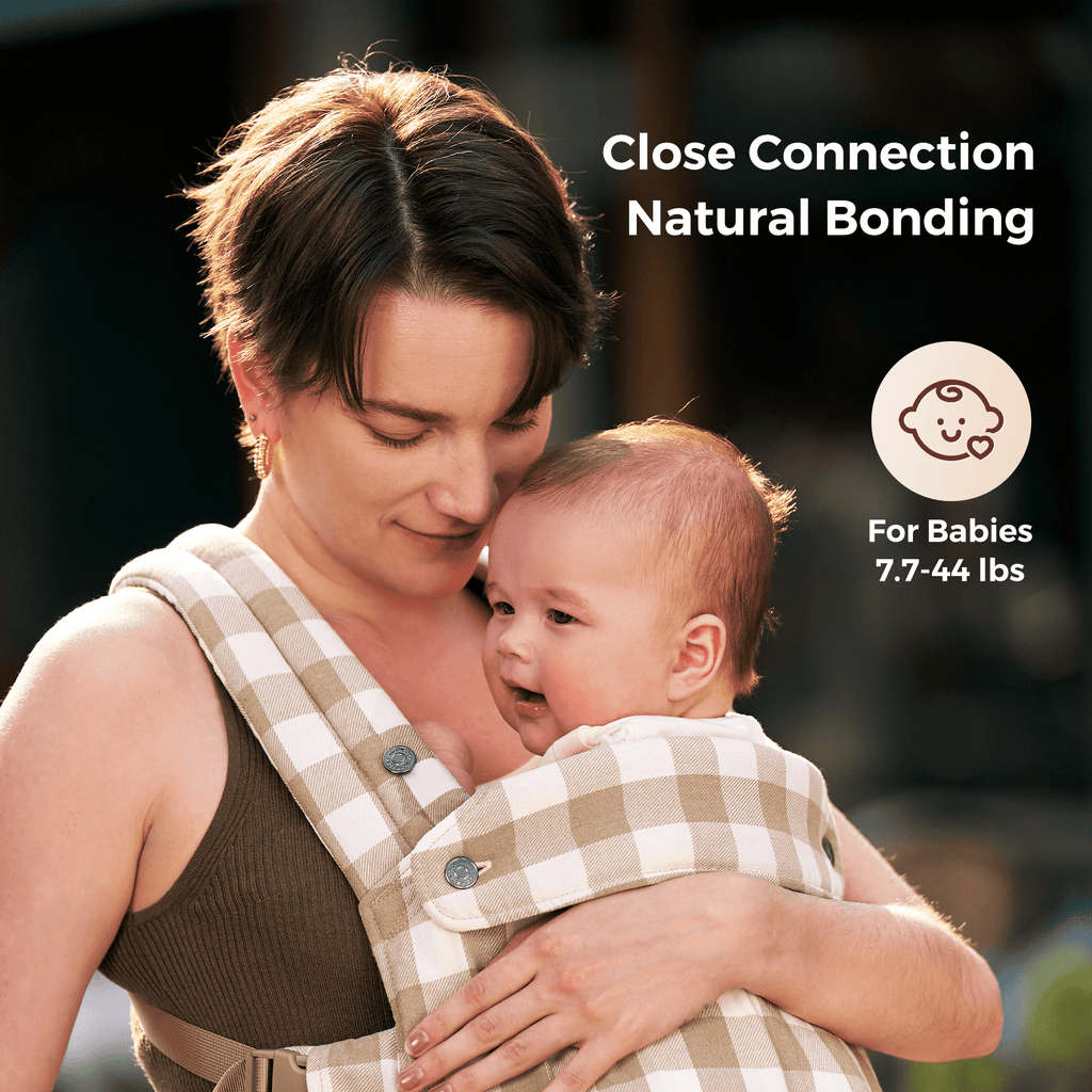Momcozy PureHug baby carrier, beige checkered design, babywearing for connection and bonding. For babies 7.7-44 lbs.