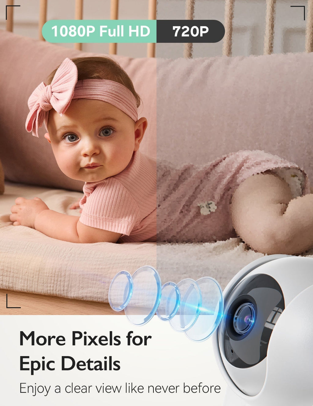 Momcozy BM03 baby monitor: 1080P Full HD, 720P. Clear view of baby in crib. "More Pixels for Epic Details."