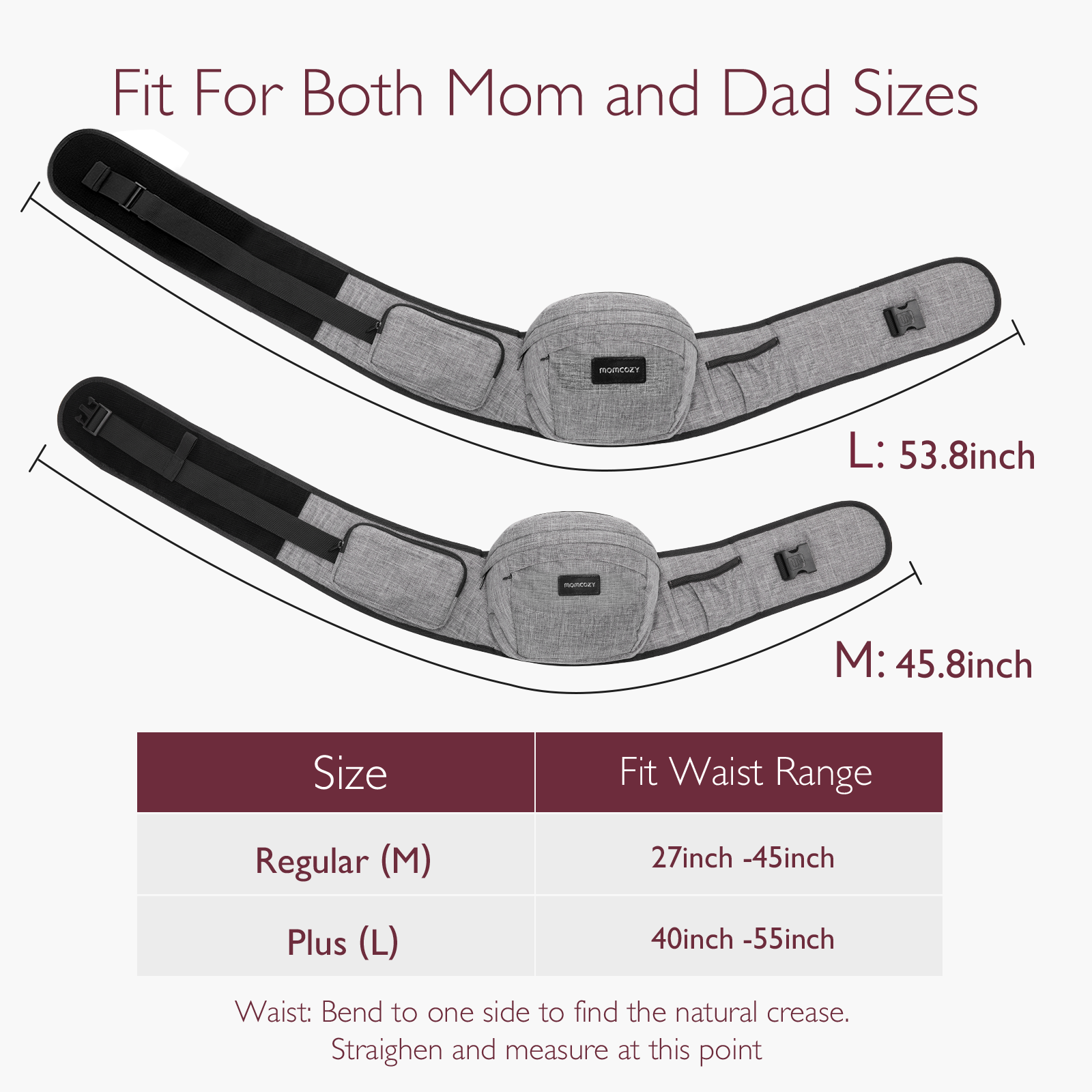 Momcozy Wander360 Hip Seat Carrier size chart, with measurements for mom and dad, featuring Regular (M) and Plus (L) sizes.