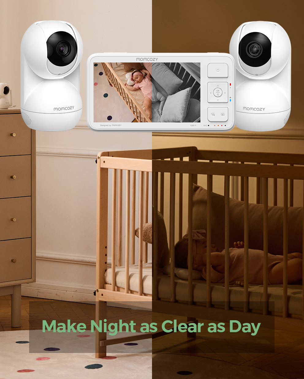 Momcozy BM03 video baby monitor showing sleeping baby in crib, 1080p resolution. Night vision clarity.