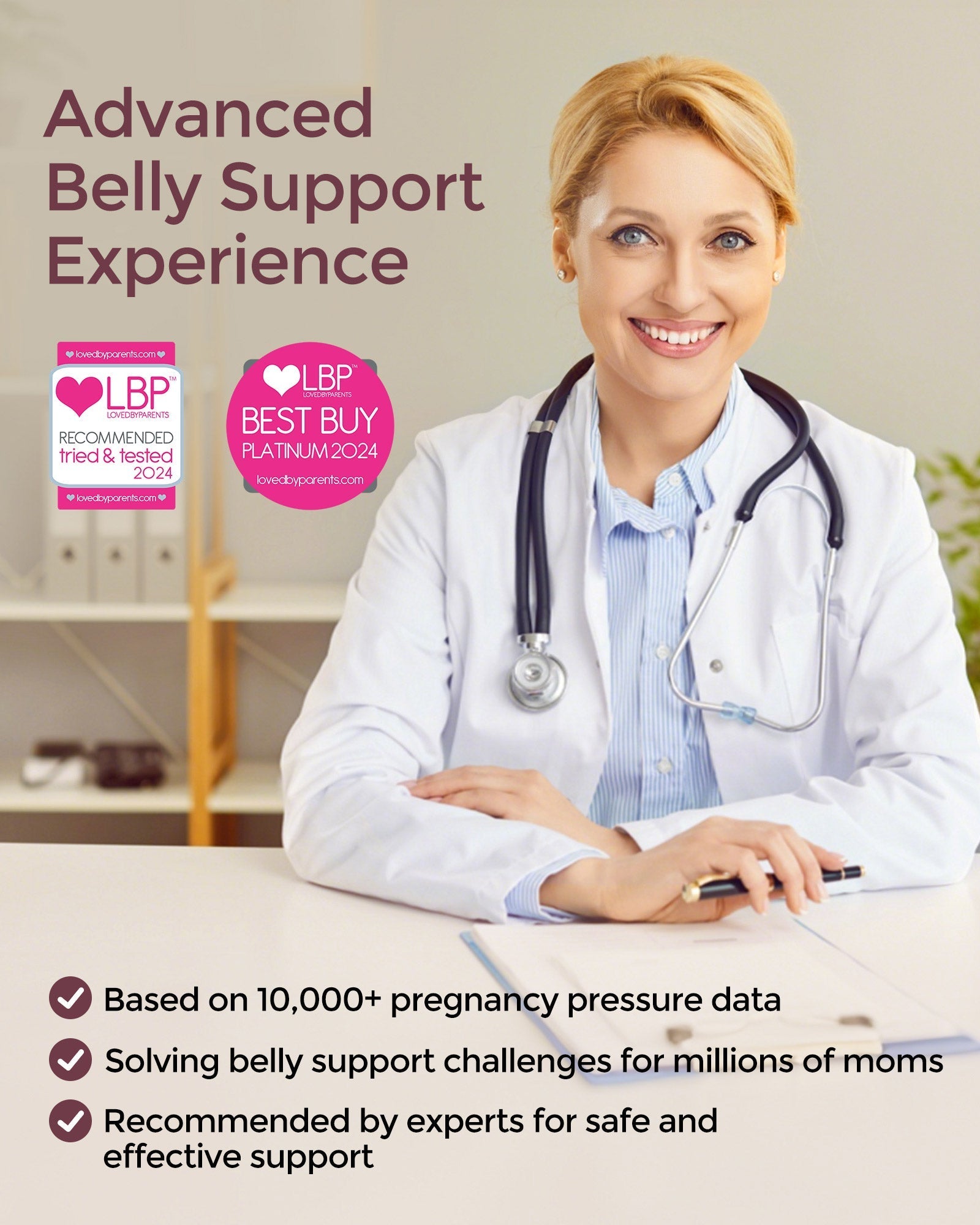 Doctor recommends BumpEase maternity belly band for advanced support, backed by data and expert approval.