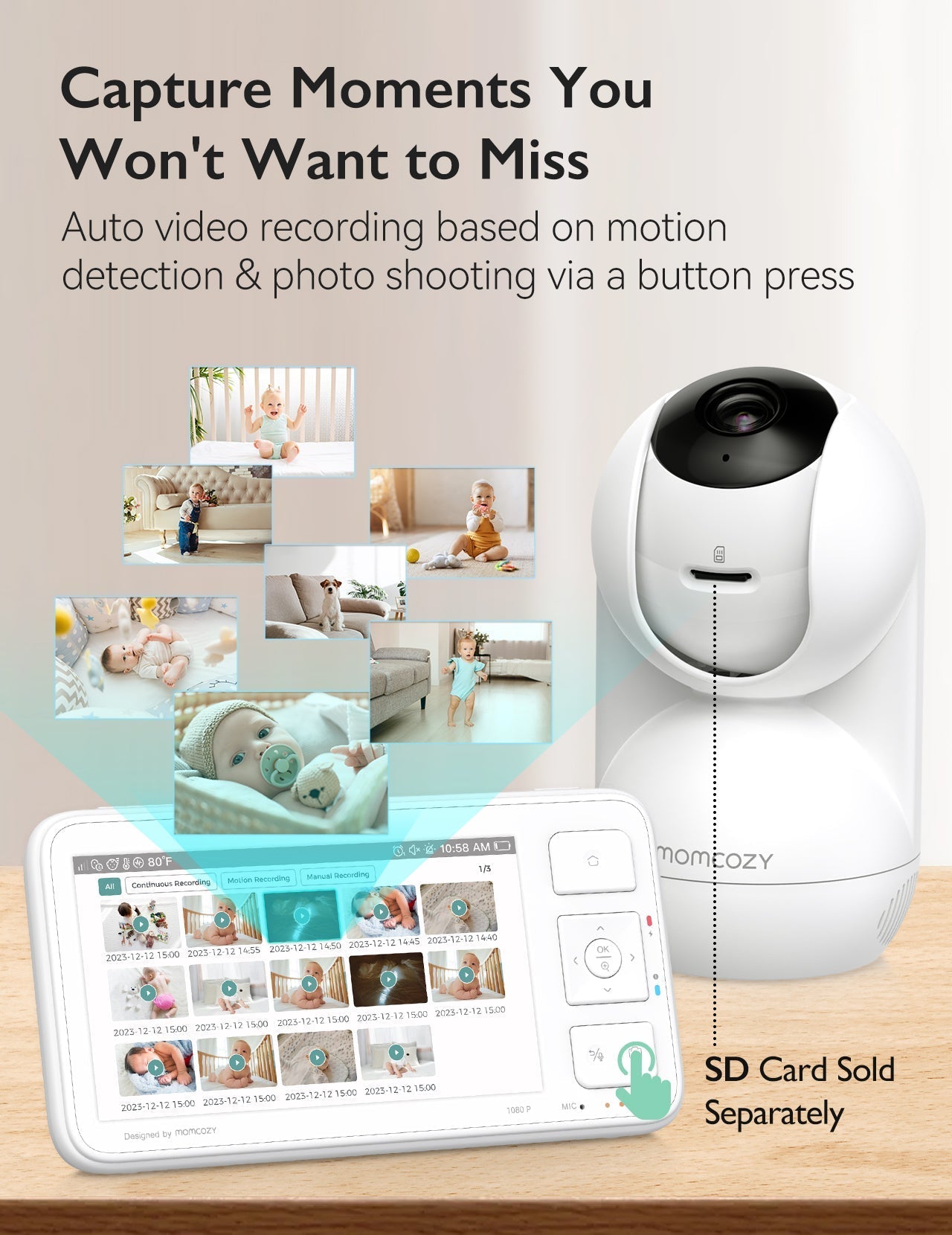 Momcozy BM03 baby monitor with HD screen displaying recorded moments, and white camera unit.
