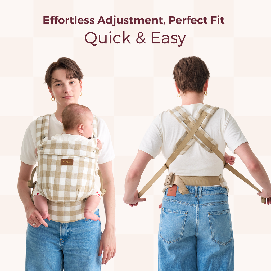 Momcozy PureHug baby carrier, beige gingham design, effortless adjustment, quick & easy babywearing for mothers.