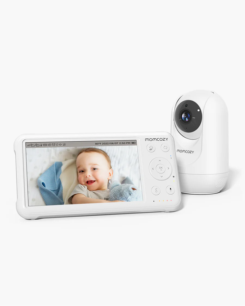 Momcozy 1080P High-Performance Video Baby Monitor BM01, white baby monitor showing a baby on screen.